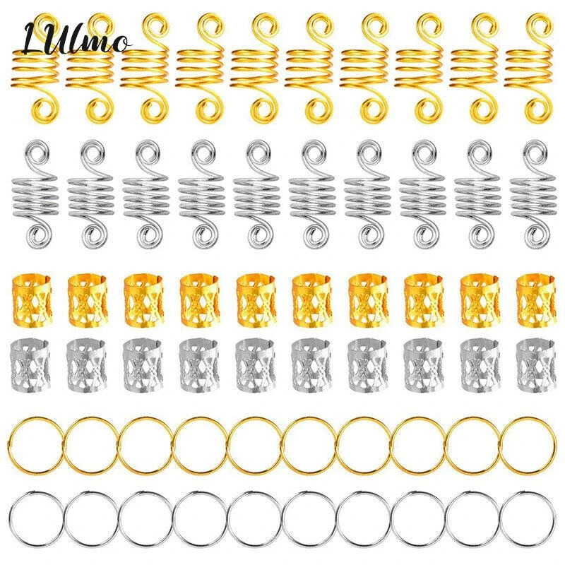 60pcs Metal African Hair Rings Beads Cuffs Tubes Charms Dreadlock Dread Hair Braids Jewelry Decoration Accessories Gold