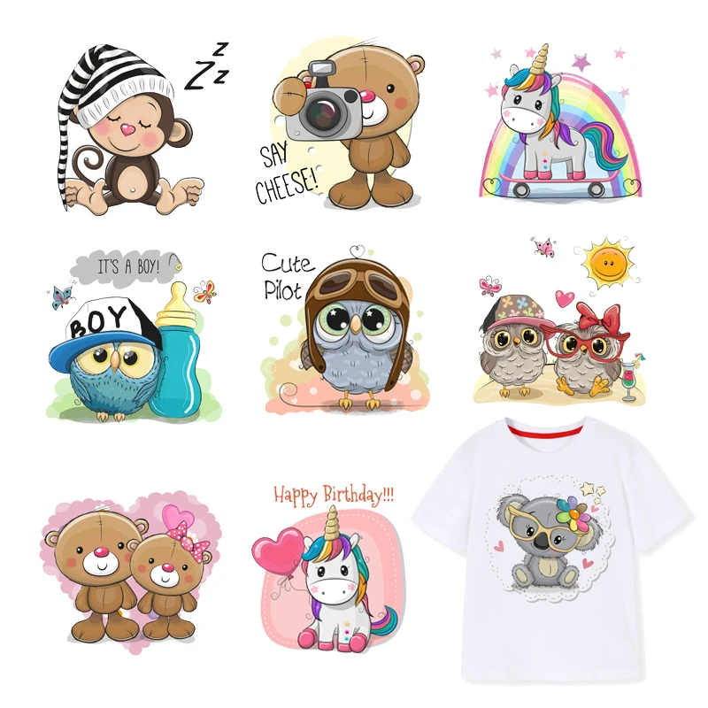 Iron On Patches Cute Unicorn Owl Monkey Bear Heat Transfers Sticker Boy Girl T-shirt Dresses Patch DIY Clothes Decoration F
