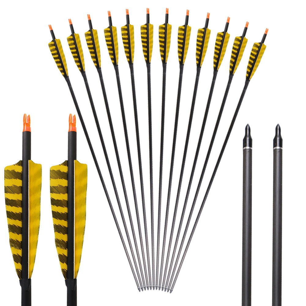 6/12pcs Pure Carbon Arrow with Natural Turkey Feather 32 inch Spine 400 ID 6.2mm Adjustable Nock for Archey Shooting Hunting