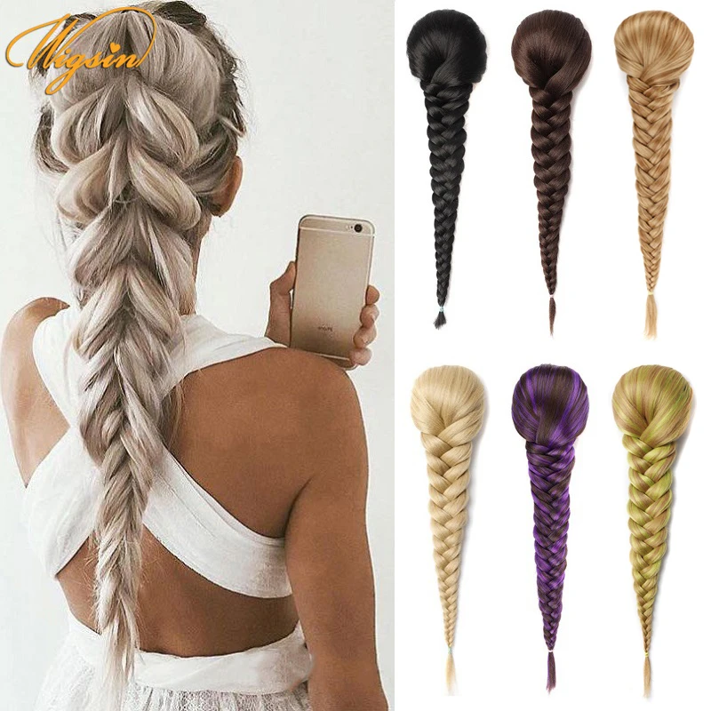 WIGSIN Synthetic Braid Plaited Fishbone Drawstring Ponytail Clip in Hair Extension Black Blonde Fishtail Hairpiece for Women