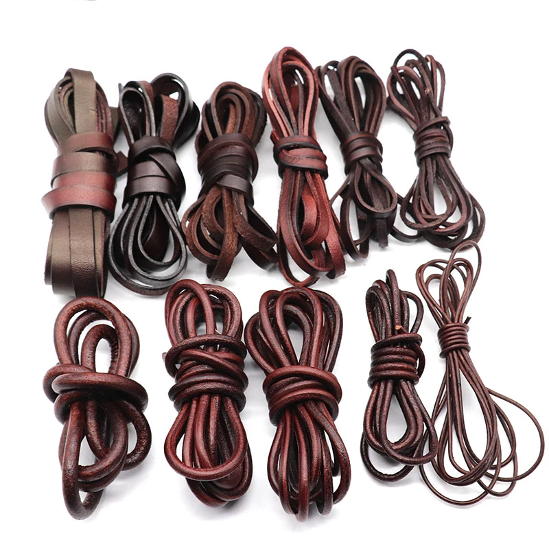 2m/lot Width 2/3/4/5mm Vintage Genuine Leather Cords Round Flat Leather Cord for DIY Leather Bracelet Jewelry Making Findings