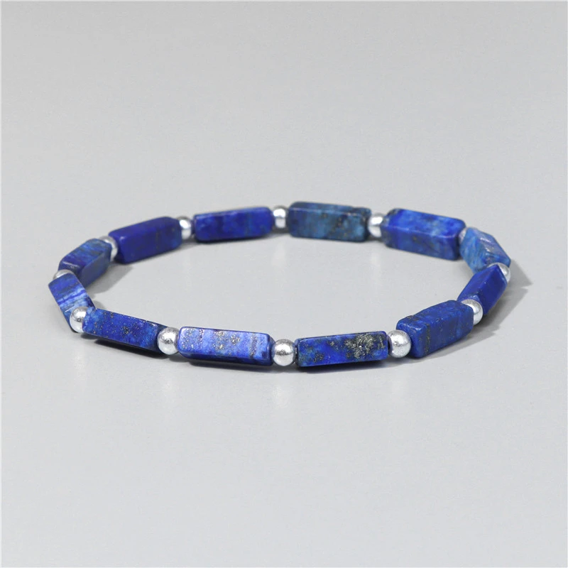 Fashion Square Tube Stone Beads Bracelet Natural lapis lazuli Beaded Silver Color Round Ball Charm Bracelet Jewelry Women Men