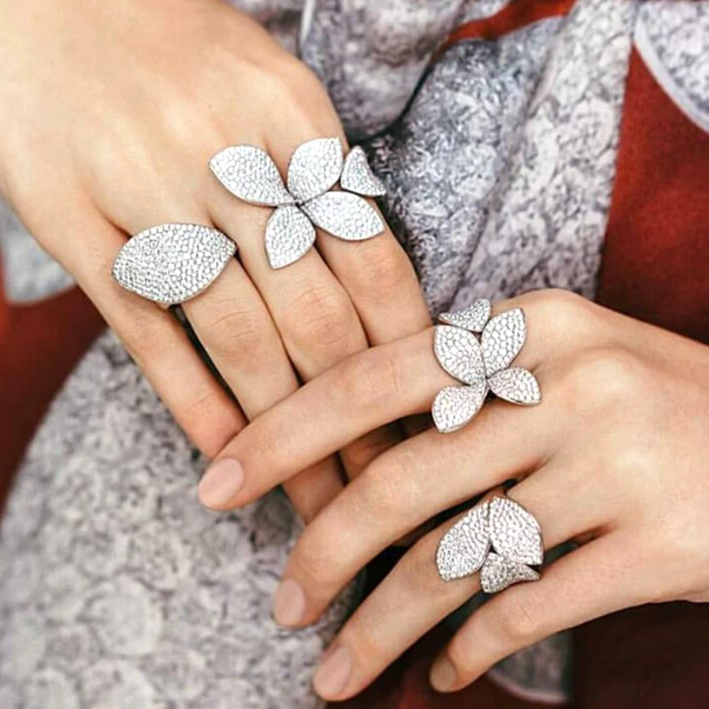 Big Leaf Rings for Women Cz Pave Setting Elegant Unique Design Rose Flower Open Adjustable Finger Jewelry Party CRP2033E