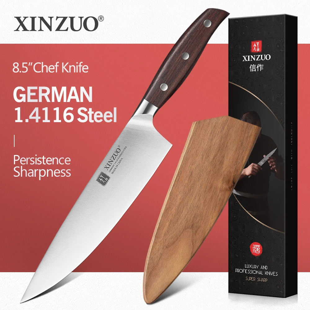 XINZUO 8'' Chef Knife German DIN 1.4116 Steel Kitchen Knives Stainless Steel Meat Vegetables Knife Kitchen Red Sandalwood Handle