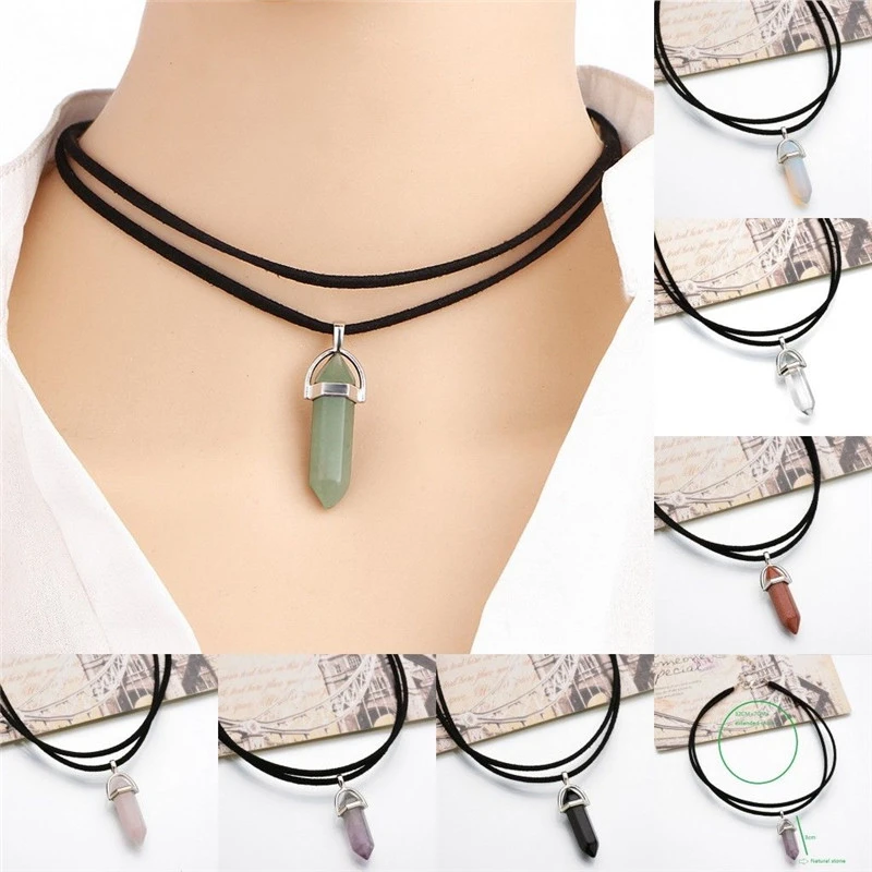 Natural Crystal Chakra Pendulum Pendant Necklaces For Women Teens Girls Hexagonal Stone Leather Choker Chain Statement Necklace