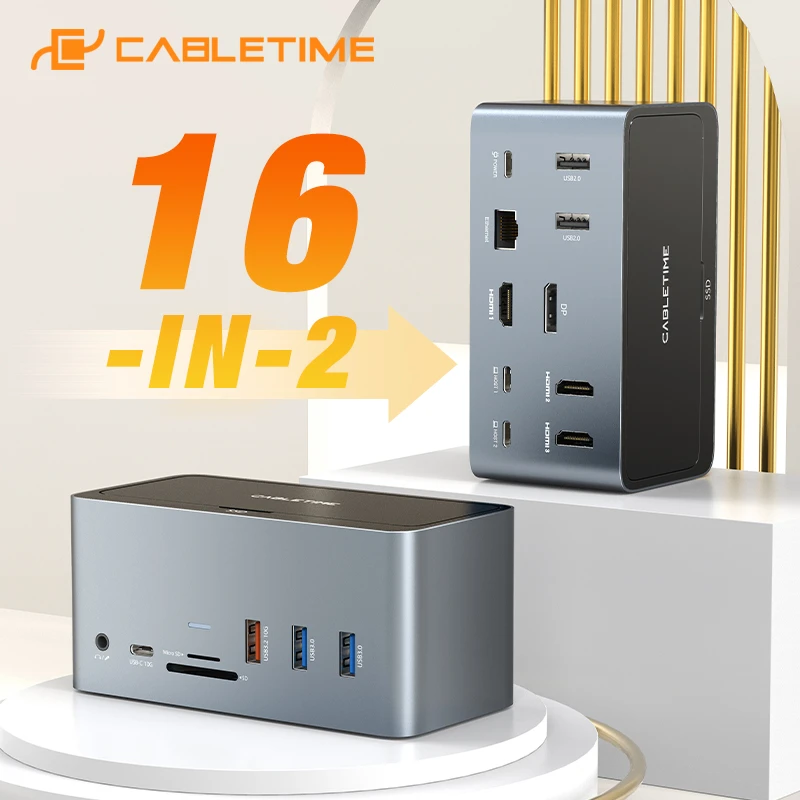 CABLETIME 13 in 1 Multi USB Docking Hub for Laptop Usb C Hub Dock HDMI 4K 60Hz RJ45 1000Mbps SSD Enclosure USB3.0 PD 100W C390