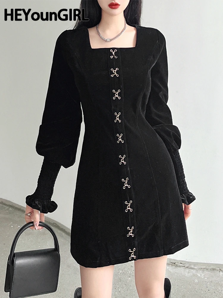 HEYounGIRL Tie Up Bandage Black Bodycon Dress Autumn Basic Long Sleeve Knitted Mini Dresses Ladies Skinny Casual Winter Fashion