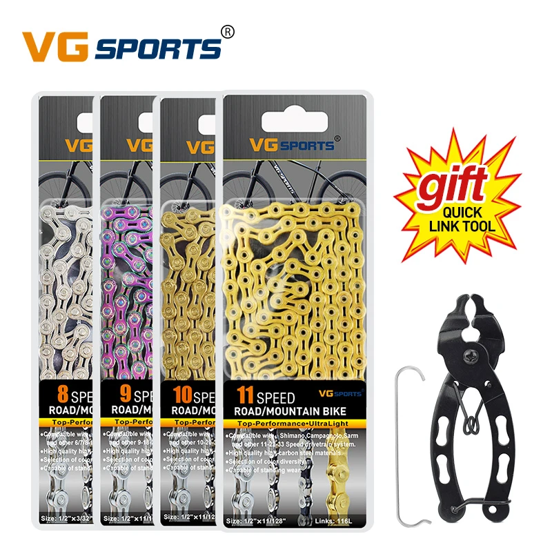 VG Sports 6 7 8 9 10 11 Speed Bicycle Chain Velocidade Titanium Rainbow Gold Silver Mountain Road Bike MTB Chains Part 116 Links