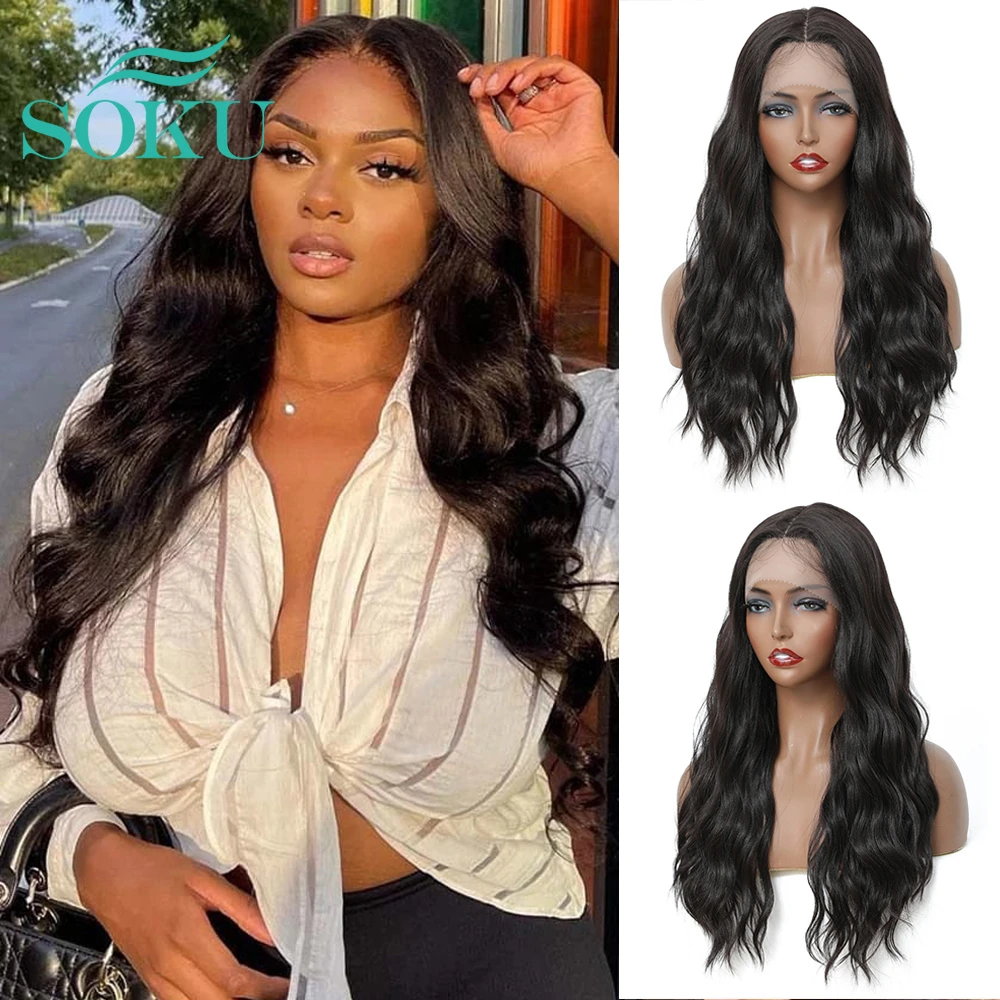 Natural Wavy Synthetic Lace Front Wig Black Wavy Wigs With Baby Hair Middle Part Lace Wig For Black Women SOKU Heat Resistant