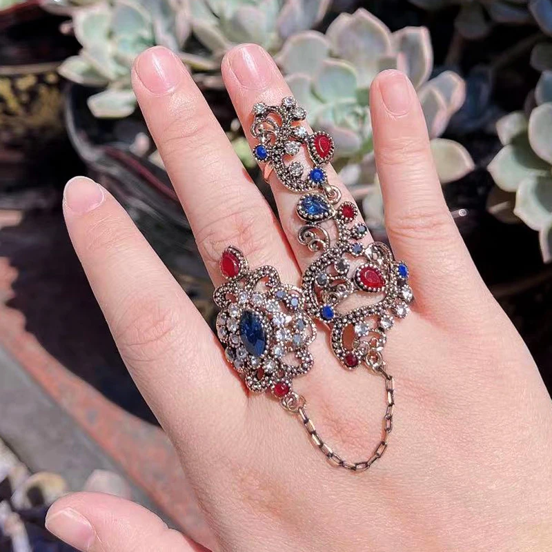 Vintage Turkish Blue Flower Double finger Rings Resin Jewelry Adjustable Size Women Antique Gold Color Arabesque Moroccan Ring