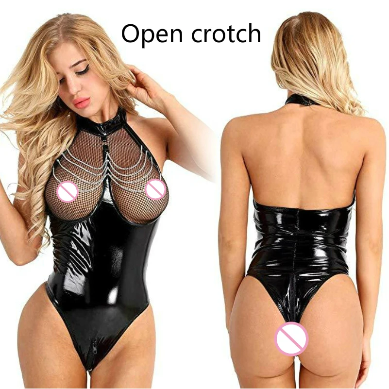 Erotic Sexy Crotchless Latex Catsuit  Fishnet Clothing  Open Crotch Jumpsuit  Patent Leather Breast Exposing Bodysuit Lingerie