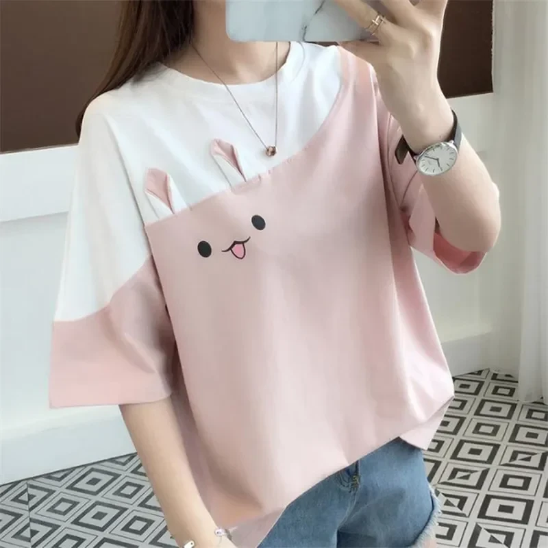 Women Cute tops t shirt korean clothes girl kawaii t-shirt white pink loose o-neck fashion tshirt summer 2020 new top ropa mujer