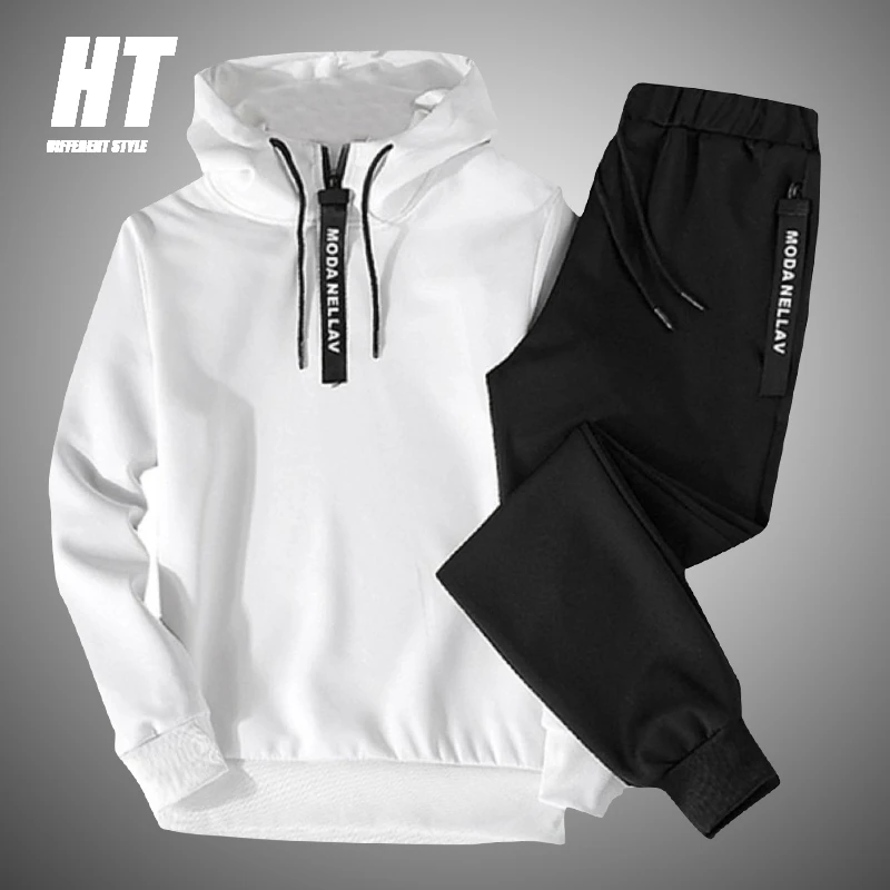 Solid Color Men's Sportswear Sets Patchwork Zipper Tracksuit Men Spring Casual Hooded Sweatshirt Hoodies 2PC+Pants Jogging Suit