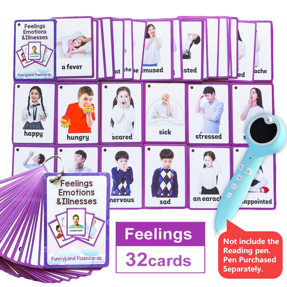 32Pcs/Set Feelings Emotions Illness English Word Card Flash Card Learning Educational Toy For Kids Children Pocket Card Gifts