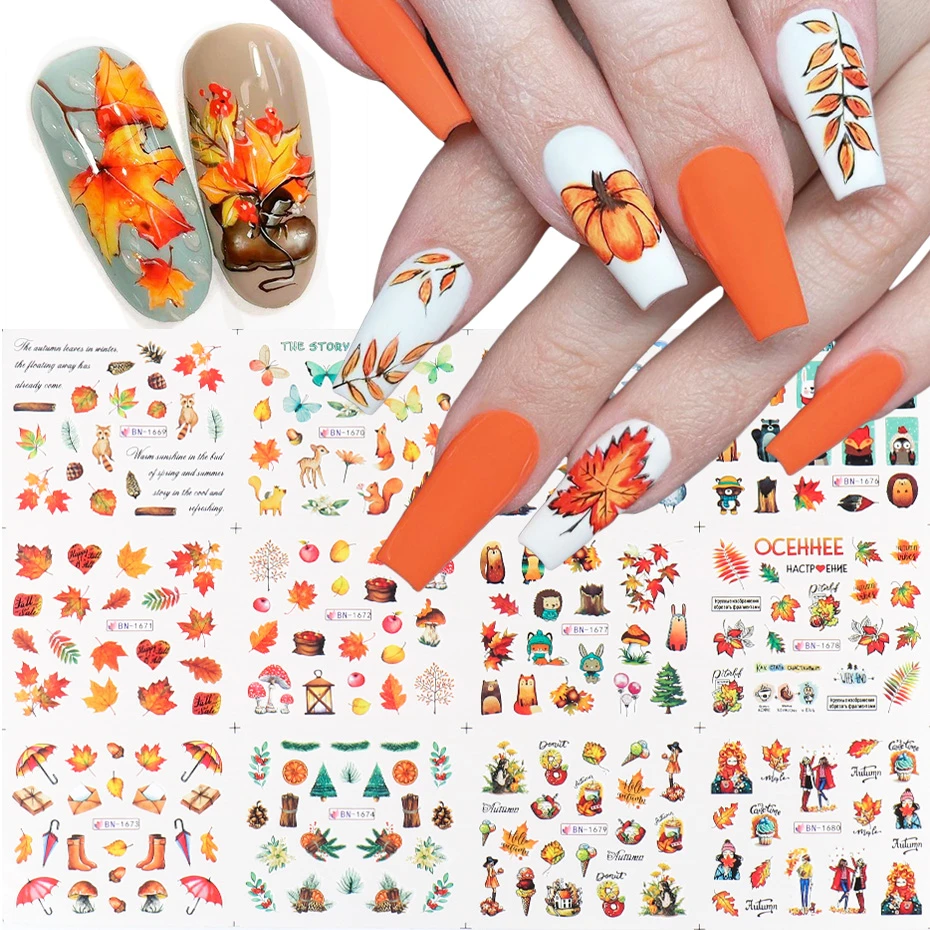 12pcs Fall Gold Leaves Nail Stickers Sliders for Manicure Maple Leaf Nail Art Water Decals Foil Autumn Decorations TRBN1669-1680