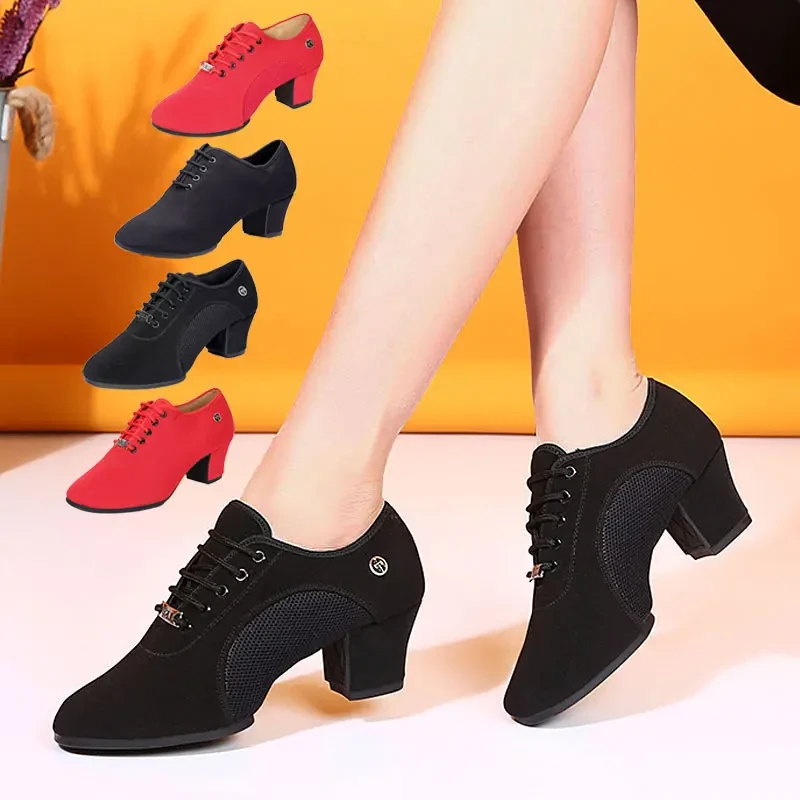 Women Latin Dance Shoes Jazz Adult Ballroom Salsa Dancing Shoes Woman Black Red Teachers Training Modern Tango Dance Sneakers