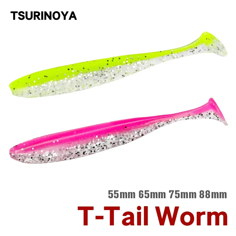 TSURINOYA 55mm 65mm T Tail Wrom Fishing Lures Soft Lure Artificial Bait Tackle Jerkbaits Pike Bass Double Color Baits