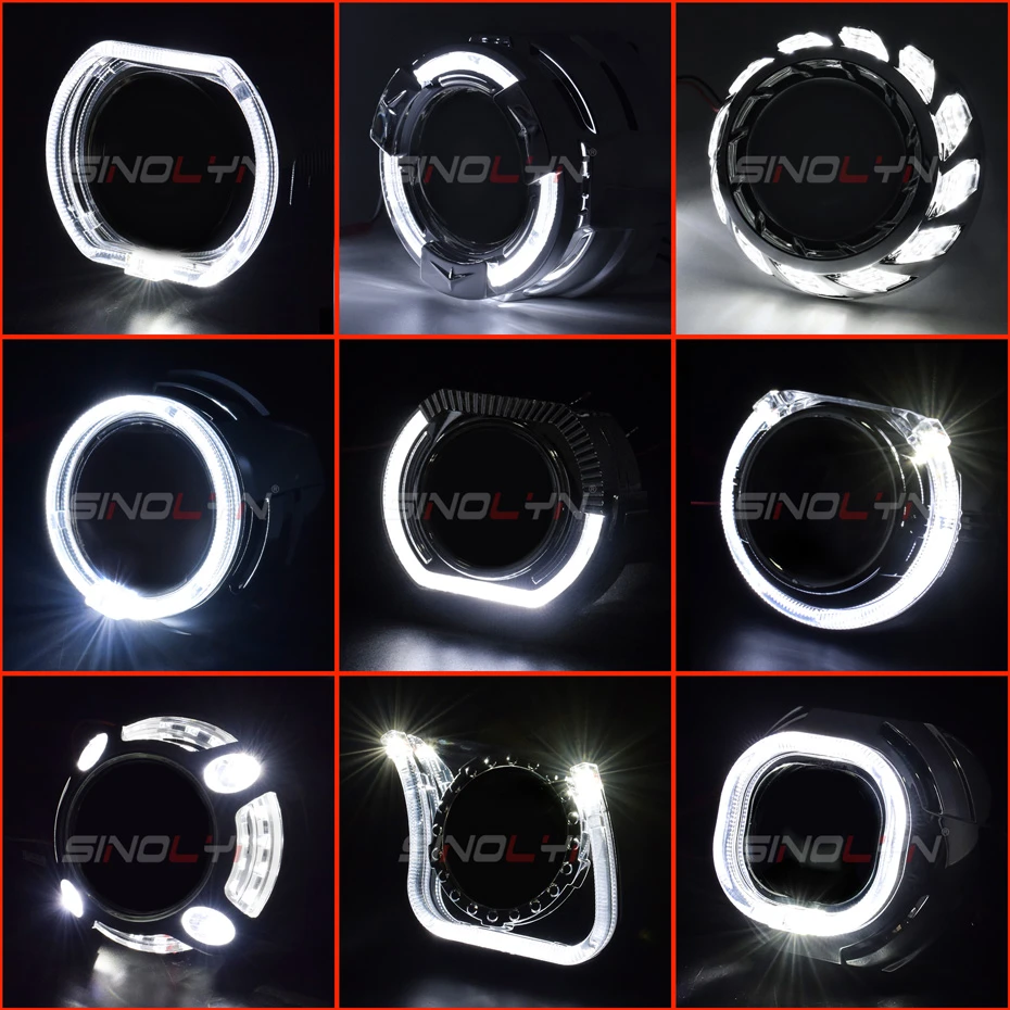 Sinolyn Projector Bezel LED Angel Eyes Shrouds For Hella/Koito Q5 Lenses 2.5 & 3 Inches Bi Xenon Headlight Lenses DRL Bezels