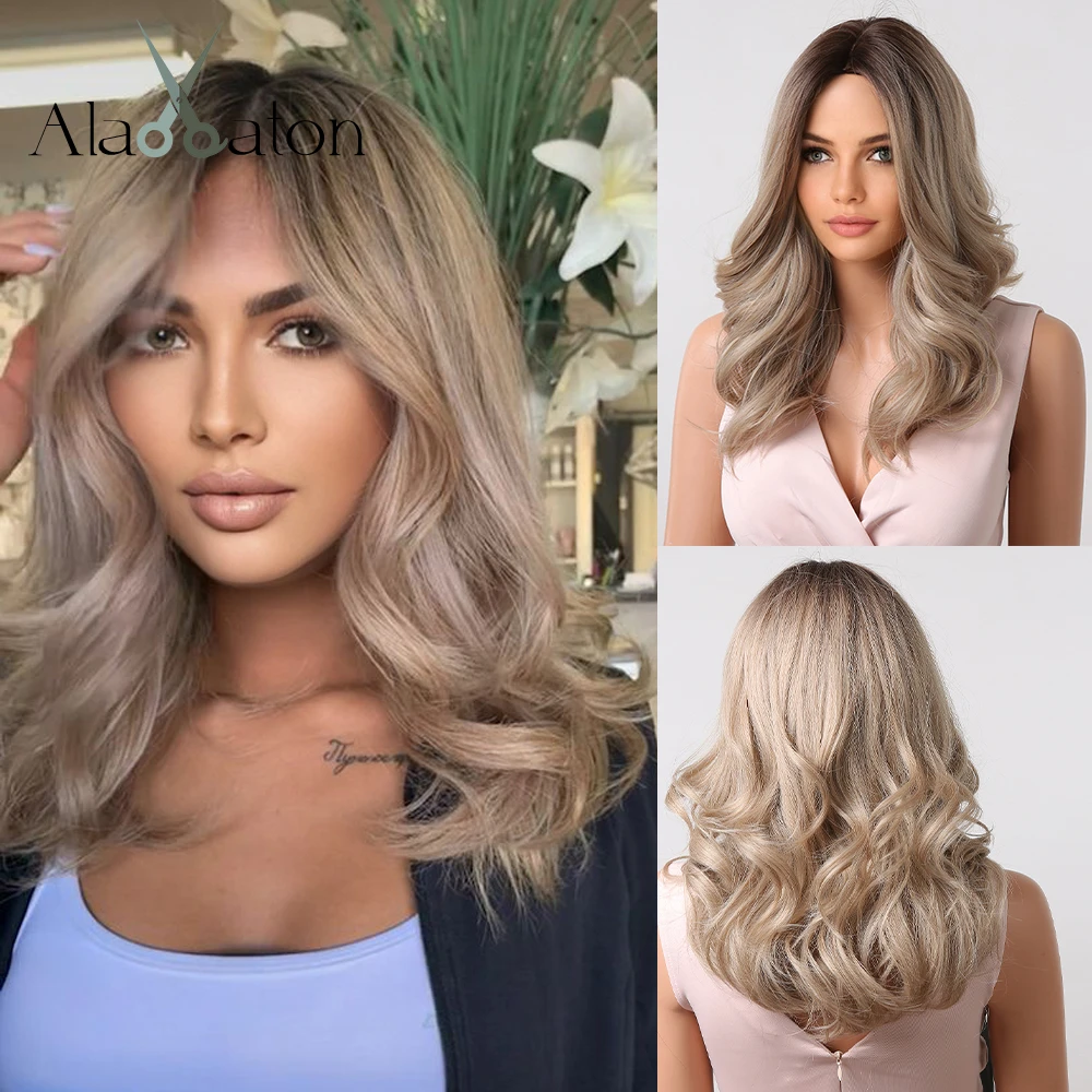 ALAN EATON Medium Long Water Wave Ombre Black Brown Synthetic Wigs Natural Middle Part Heat Resistant Hair Wigs for Black Women