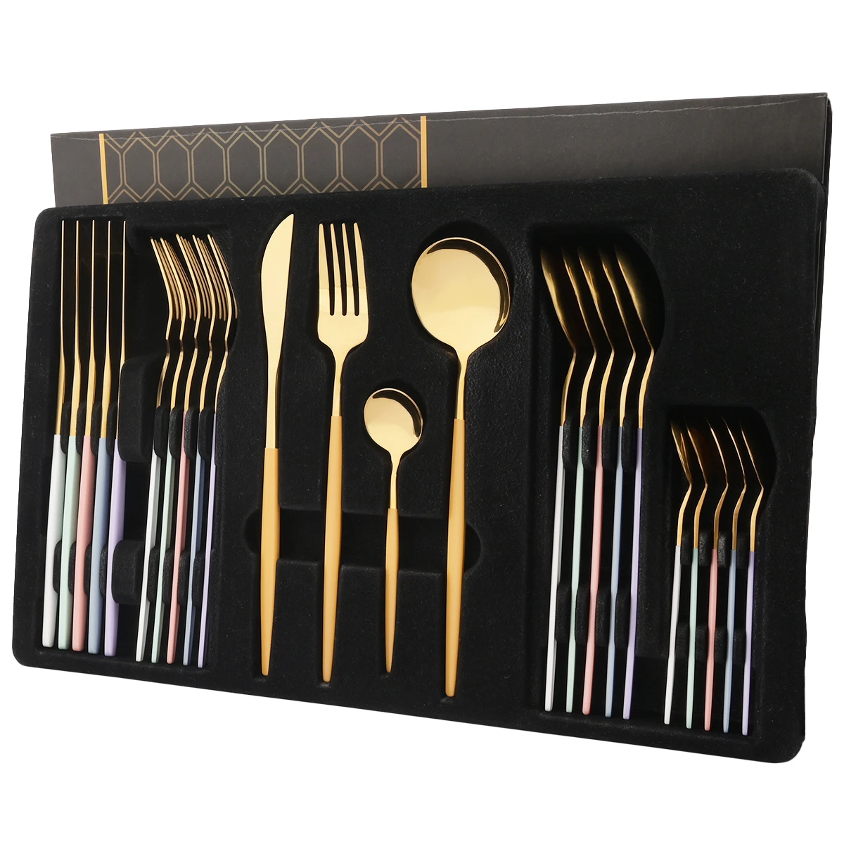 24Pcs/Set Stainless Steel Dinner Black Gold Dinnerware Set Knife Fork Coffee Spoon Cutlery Set Kitchen Tableware Silverware Sets