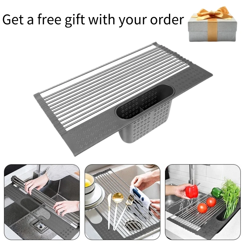 Dish Drainer Over Sink For Kitchen Organizer Multi-Use Roll-up Drying Foldable Rack  Fruit Vegetable Meat Mat Dropship