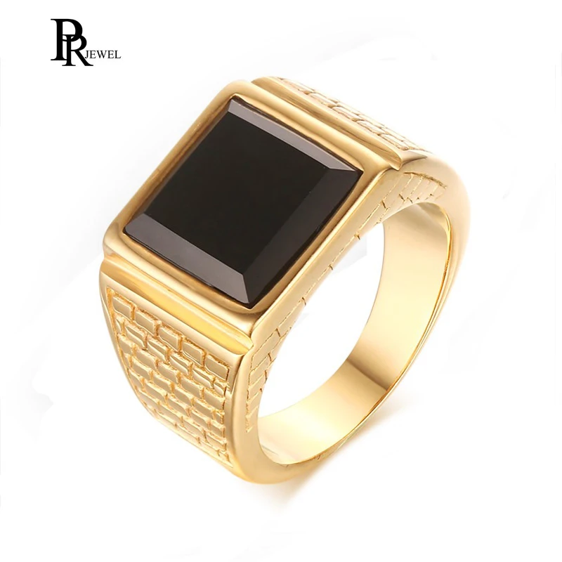 Classic Men's Stainless Steel Black Stone Gold Ring Europe and America Style