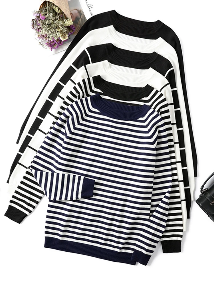 2021 Autumn Winter Long Sleeve Striped Pullover Women Sweater Knitted Sweaters O-Neck Tops Korean Pull Femme Jumper Female White