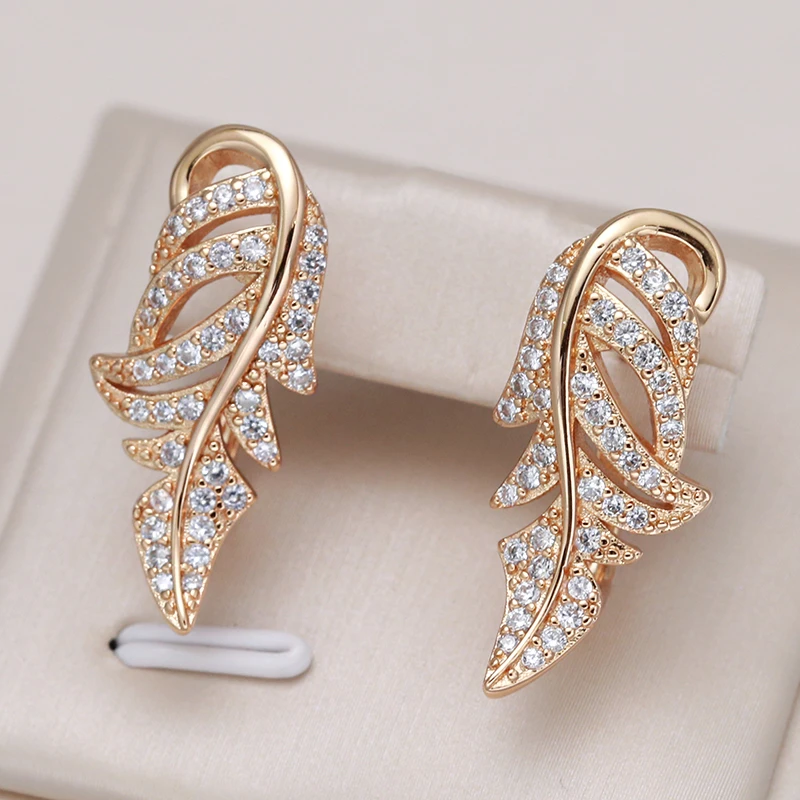 Kinel Luxury 585 Rose Gold Leaf Stud Earrings for Women Micro-wax Inlay Natural Zircon Bridal Wedding Jewelry Crystal Earrings