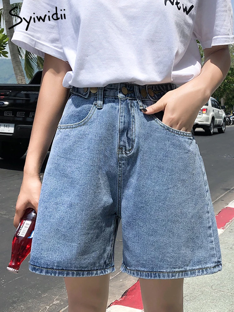 Syiwidii Women Denim Shorts Hippie Button Adjust High Waist Short Harajuku Bermuda Wide Legs 2021 New Summer Cotton Jean Shorts