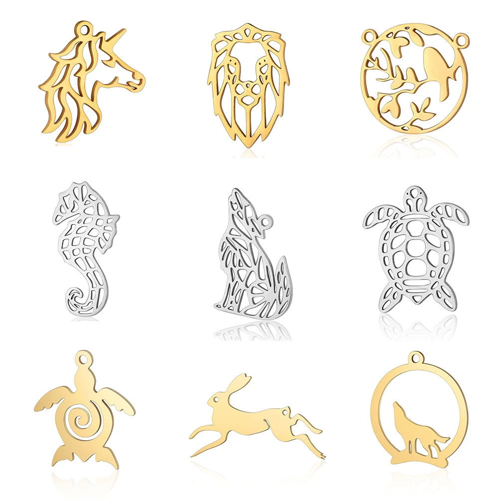 5pcs/lot Sea Horse Turtle DIY Charms Wholesale 100% Stainless Steel Rabbit Connectors Charm Elephant Wolf Bird Jewelry Pendant