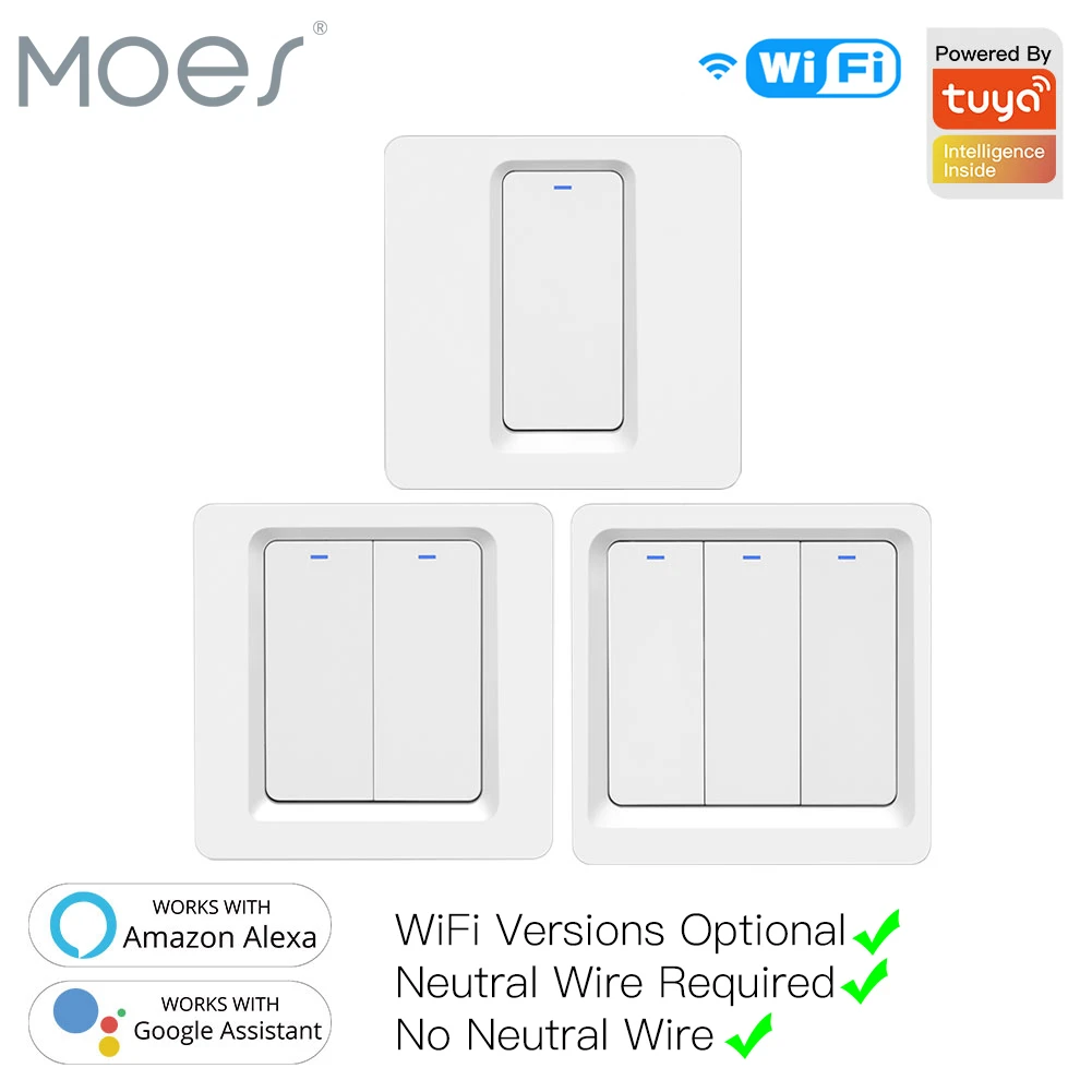 Moeshouse WiFi ZigBee Smart Push Button Switch No Neutral Required 2MQTT Setup Tuya APP Control with Alexa Google Home  2/3 Way