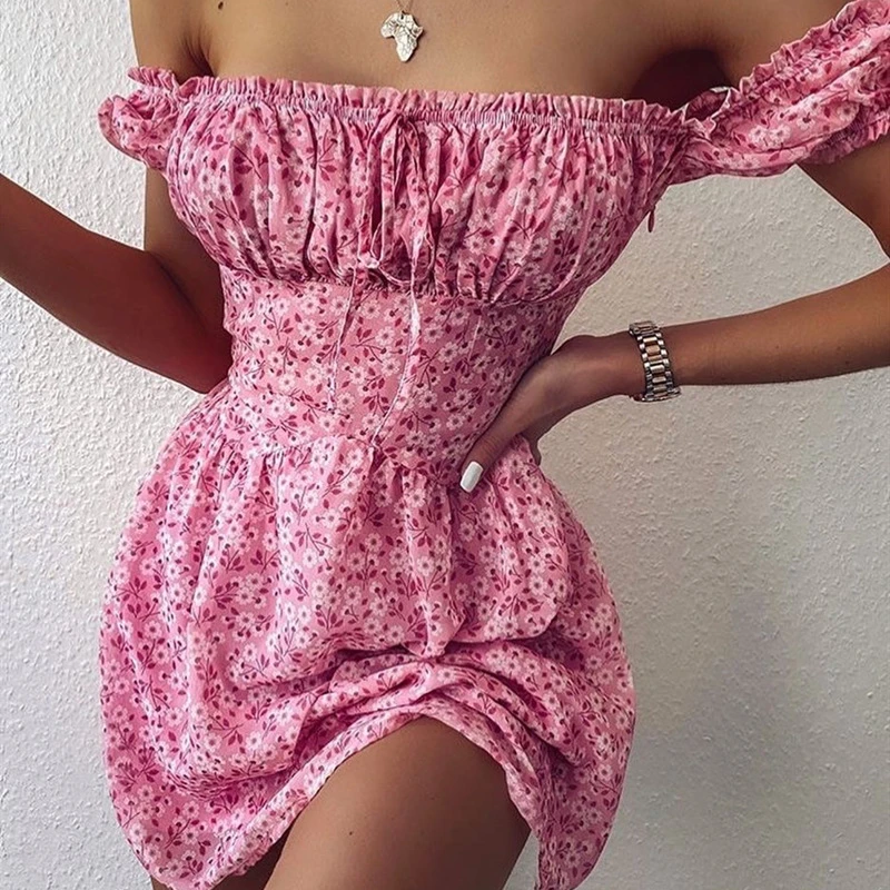 Vintage Beach Ruffles dress women Summer 2020 Women's Sexy off-Shoulder Printed Bow  A-Line mini Dress female vestidos