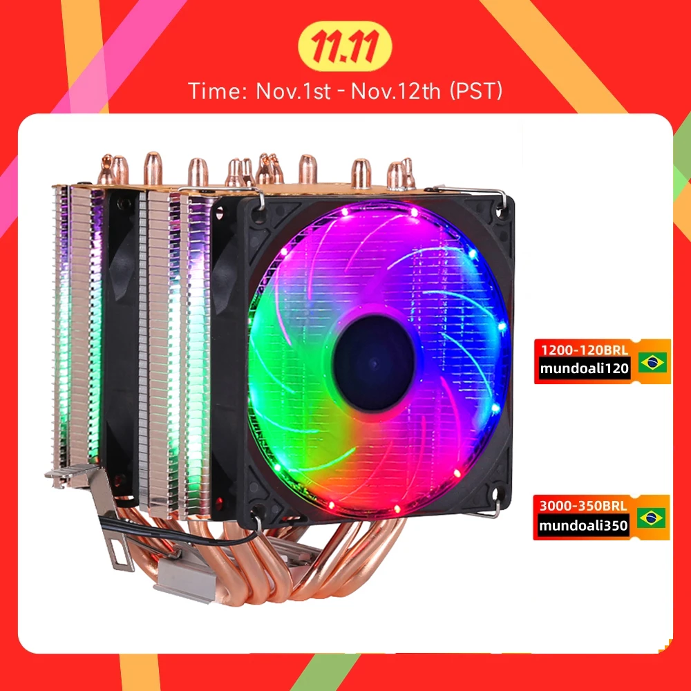 6 heat-pipes RGB CPU Cooler radiator Cooling 3PIN 4PIN 2 Fan For LGA 1150 1155 1156 1366 2011 X79 X99 Motherboard AM2/AM3/AM4