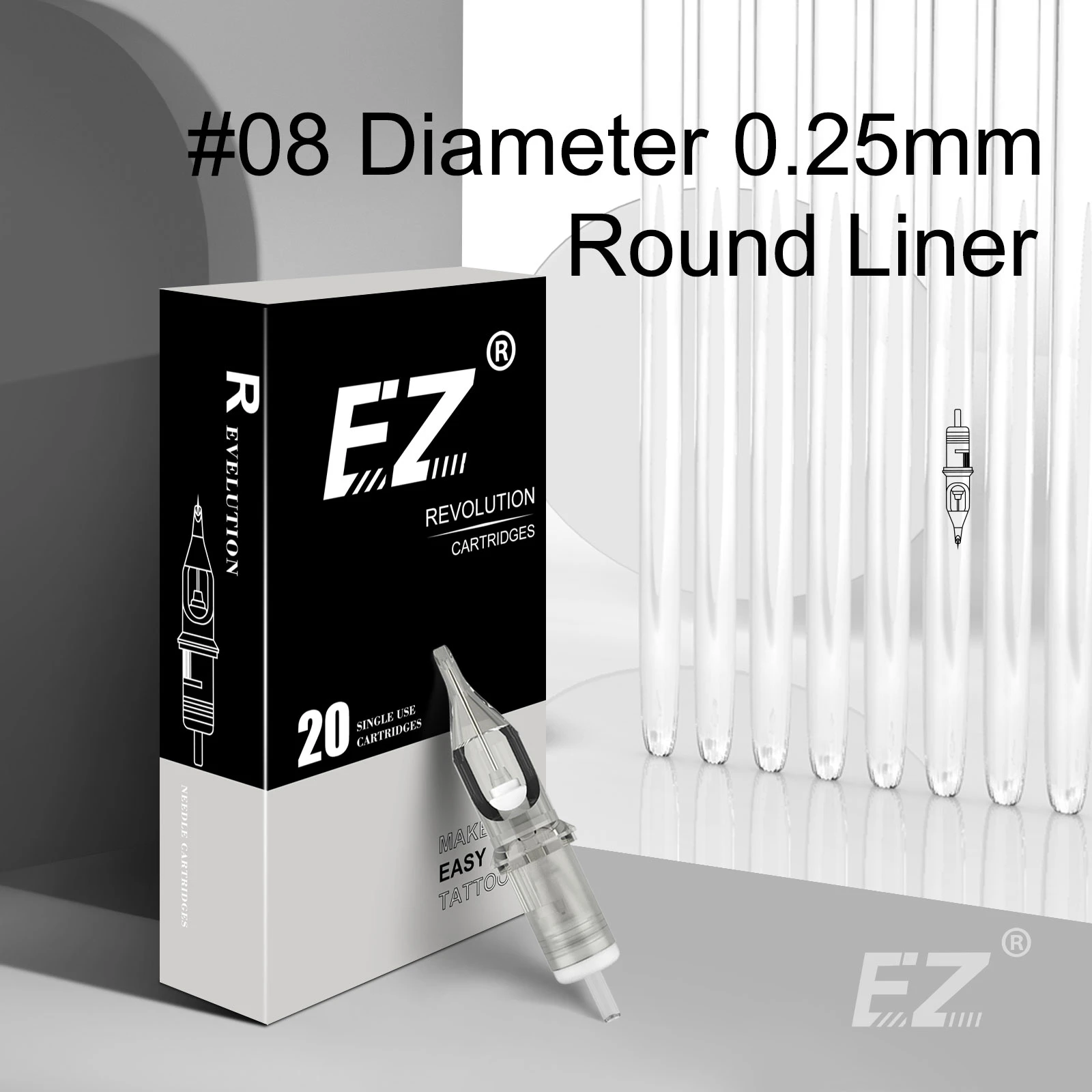 EZ Revolution Tattoo Needles Cartridge Round Liners #08 0.25mm for cartridge machine and grips 20 pcs /box