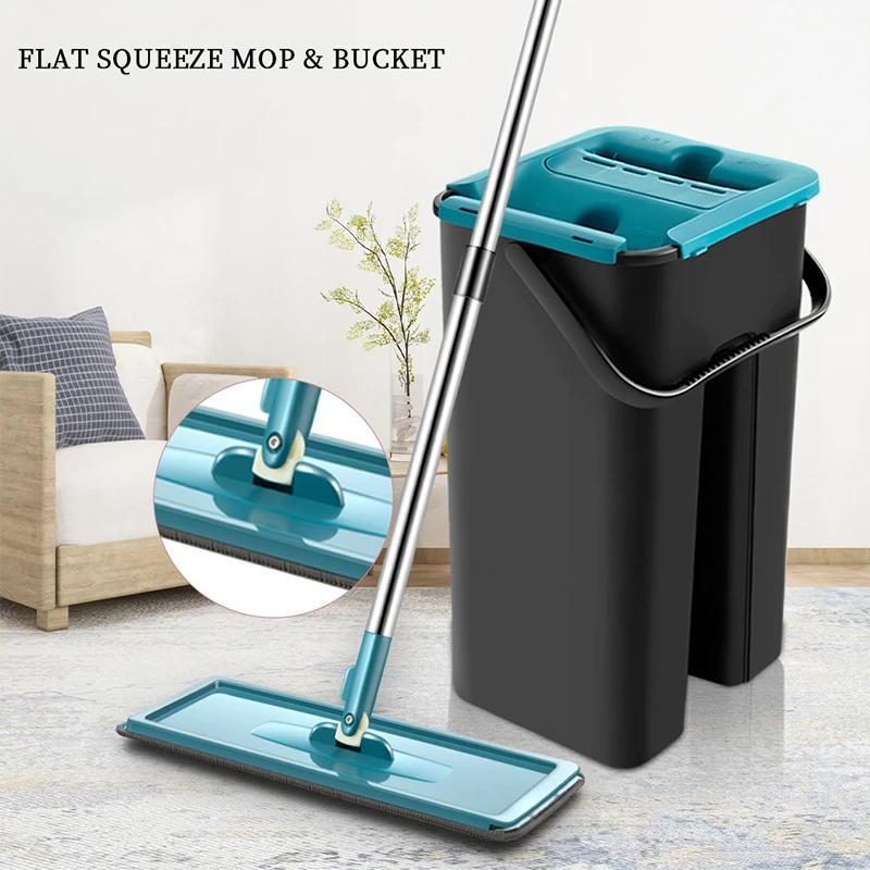 Mop Squeeze With Bucket 360 Rotating Flat Hand Free Washing Floor Cleaning Wet Dry 6Pcs Replaceable Microfiber Pads For Black