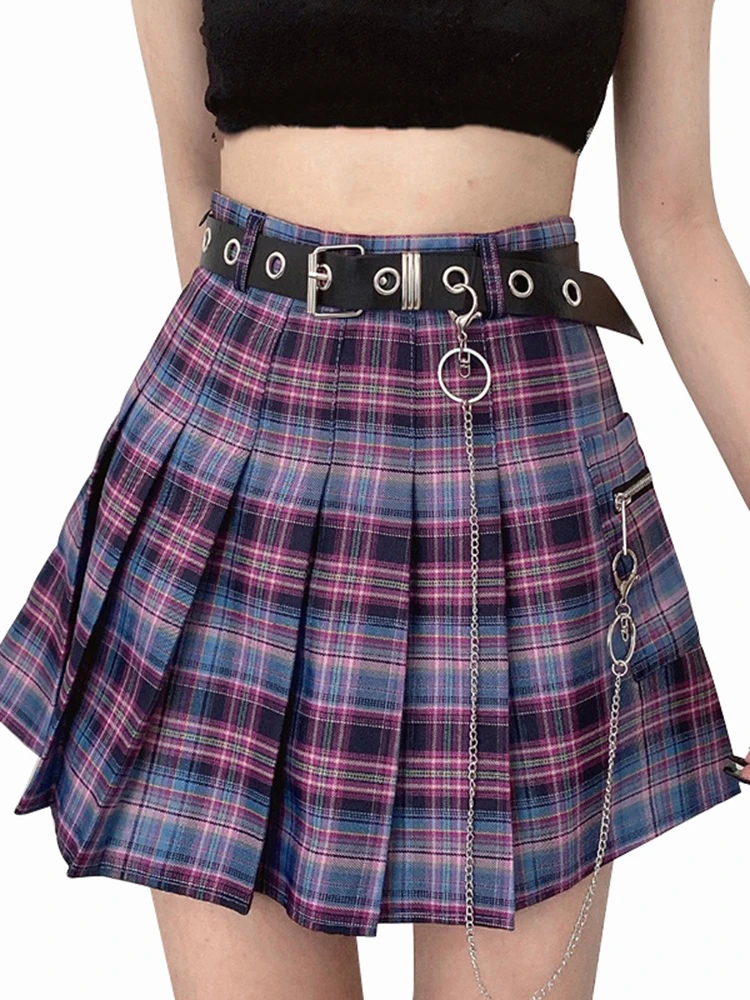 Harajuku Plaid Skirt Women 2020 New y2k High Waist Mini Tennis Skirts Uniform Chain Pocket A-line Streetwear Vintage Free Belt