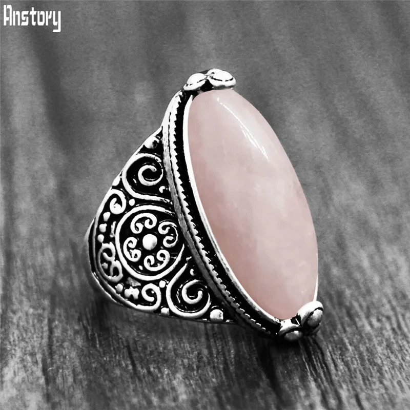 Vintage Eye Shape Quartz Rings For Women Antique Silver Plated Natural Stone Fashion Flower Ring