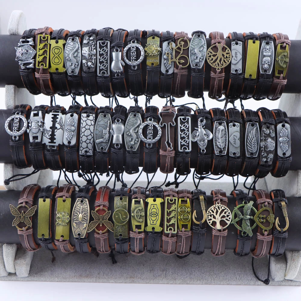 Wholesale 50pcs/Lot Leather Metal Charm Bracelets For Men Vintage Wrist Cuff Bracelets For Women Gifts Jewelry Mix Style