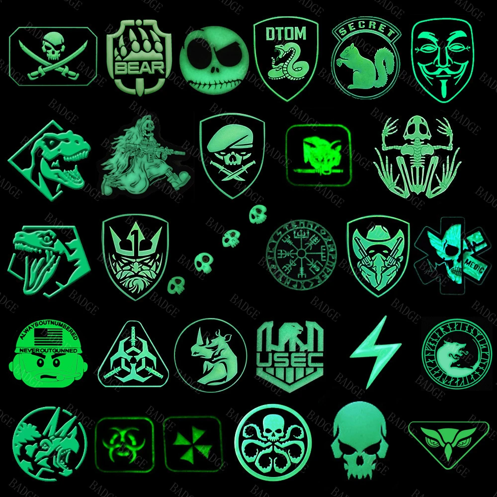 Luminous PVC Patch Glow In Dark Rubber Patches Military Hook Back Swat OPS Armband Tactical Emblem Applique Combat Badges