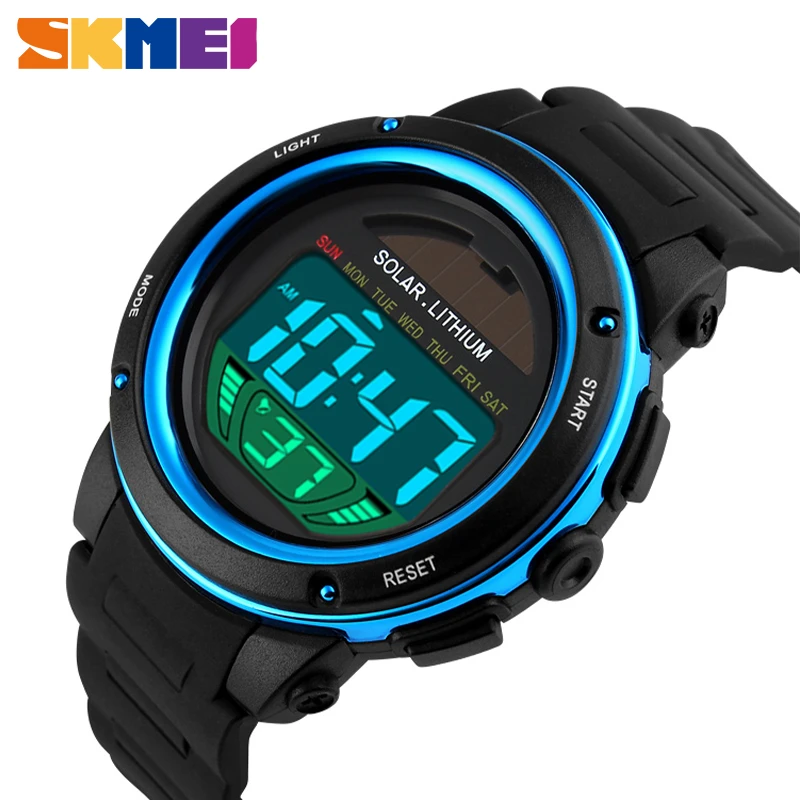 SKMEI Outdoor Sport Watch Men Solar PU Strap Wristwatches Mens Chronograph Alarm 5Bar Waterproof Digital Watch reloj hombre 1096