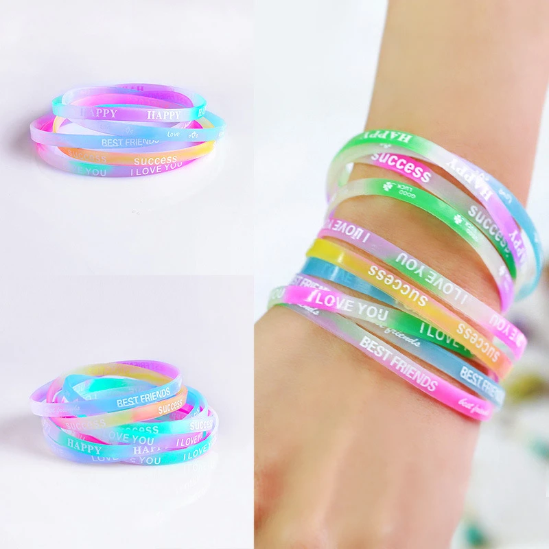 10PCS Child Luminous Silicone Bracelet Candy-Colored Letters Movement Bracelet Fashion Printing Rubber Wrist Strap  Baby Jewelry