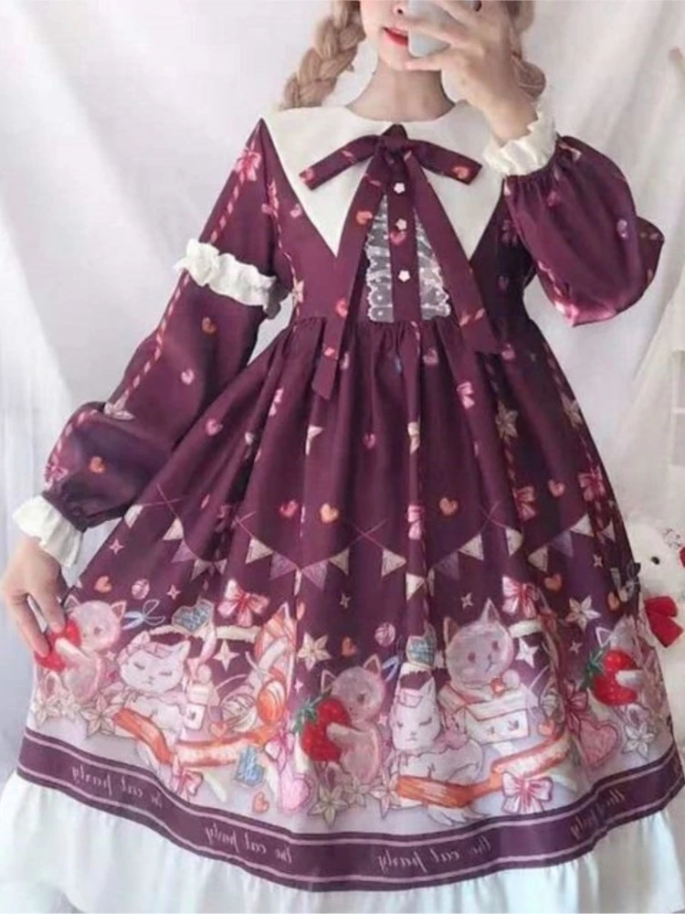Hstar Cute Women's Lolita OP Dress Flouncing Lace Trim Japanese Harajuku Long Sleeves Doll Dress Fairy Vestidos