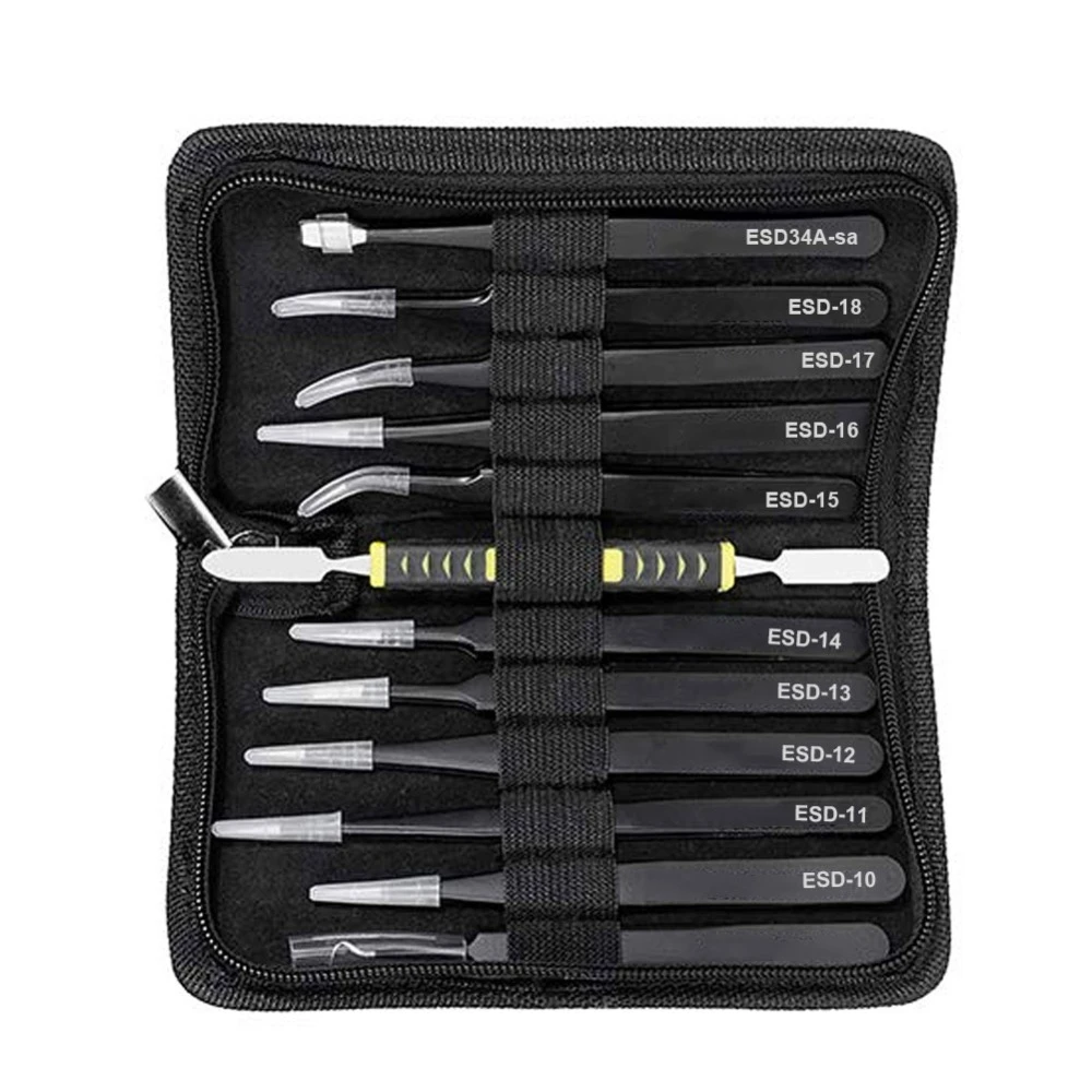New Arrival Tweezers 12 Pieces ESD Tweezers Tools Kit Anti-static Non-magnetic Stainless Steel Multi-standard with Storage Bag