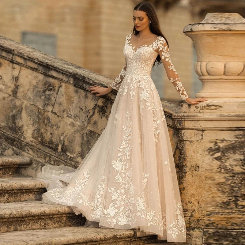 Lace Applique Glitter Tulle Wedding Dress Long Sleeved Scoop Neck Vintage A Line Bridal Gown Lace-up Open Back Elegant Ivory