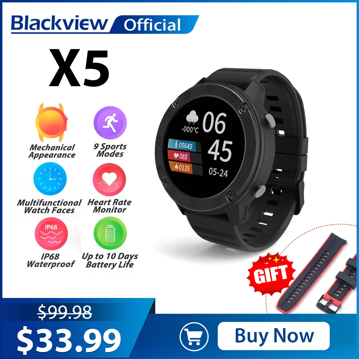 Blackview IP68 SmartWatch X5 Men Women Sports Watch Clock Sleep Monitor Fitness Tracker Heart Rate Smart Watch for IOS Android