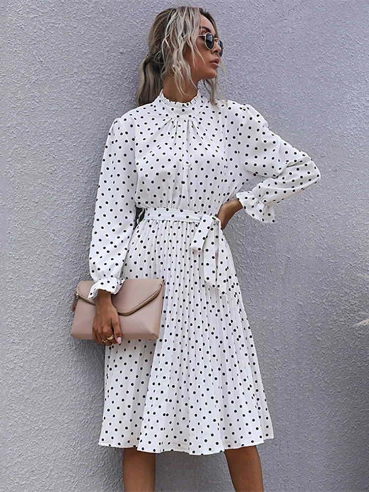 Polka Dot Print Dress Women Casual Half Turtleneck Butterfly Sleeve Autumn Winter Slim Bandage Dress For Women 2021 New Fashion