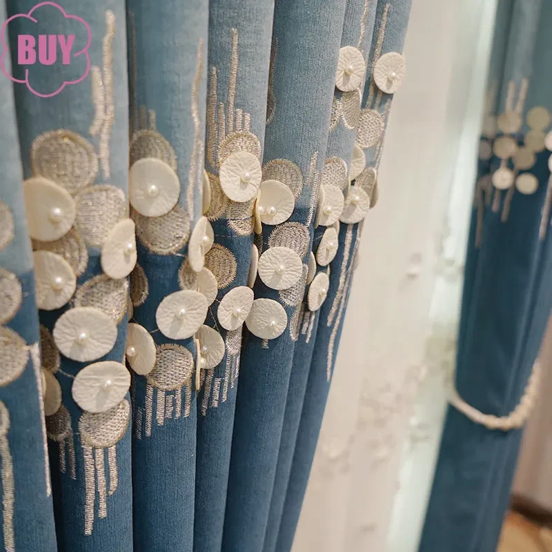 New Light Luxury Curtains for Living Dining Room Bedroom Thick Cashmere Shading Chenille Embroidered Bead Blue Curtains Tulle