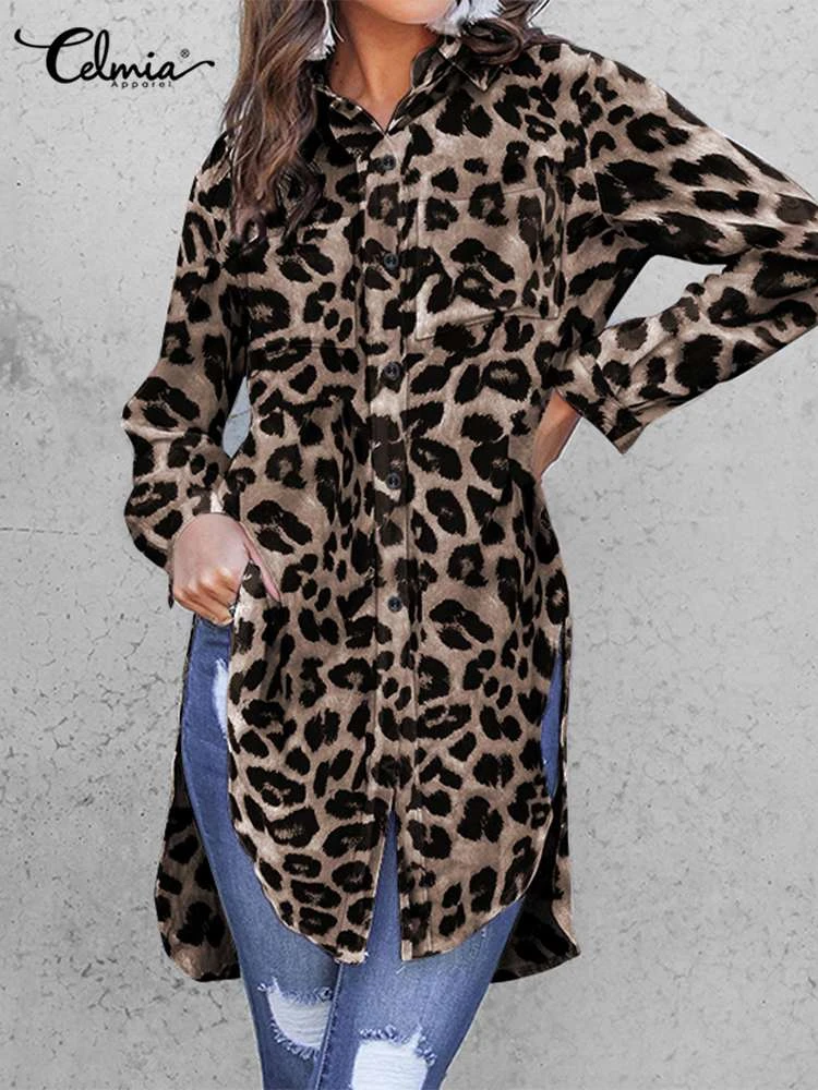 Tunics Women Shirts Vintage 2021 Celmia Autumn Leopard Print Long Blouses Elegant Long Sleeve Office Tops Casual Loose Blusas