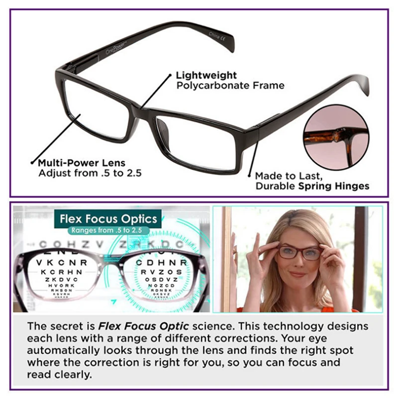 Freeshipping Newest Mulifocal One Power Readers High Quality Women Men Auto Adjusting Bifocal Reading Glasses +50 To +250