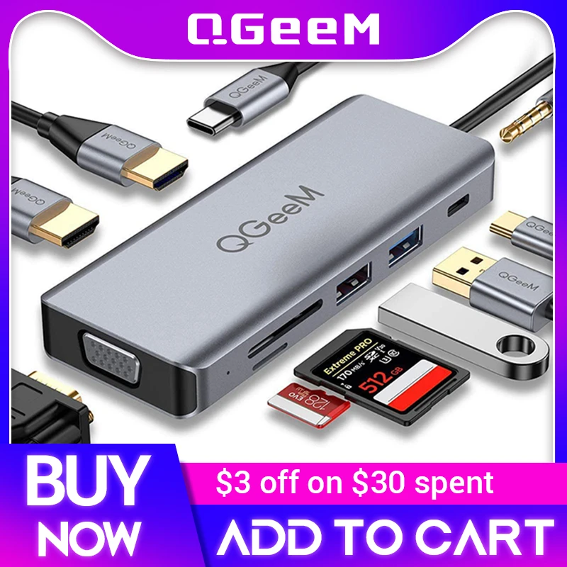 QGeeM USB C Hub for Macbook Pro Air Dual HDMI VGA Micro SD Card Readers Aux PD OTG Multi USB Hub 3.0 Type C Adapter for Notebook